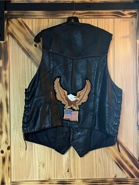 Vintage Park V Leather Motorcycle Vest Size 48 USA Made Side Lace Eagle Patch XL